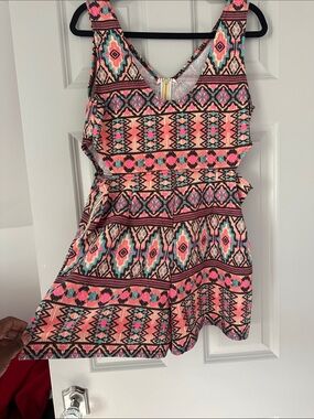 Aztec Print Sleeveless Skater Dress - Pink, Coral & Teal